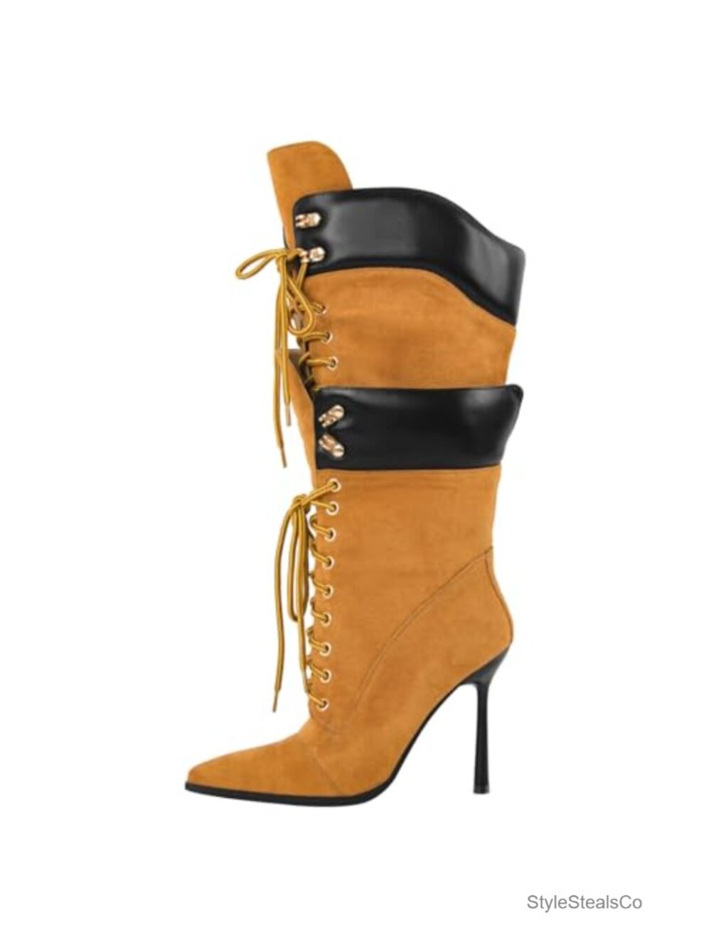Women's Double Lace Pointed Toe Stiletto Knee High Boots Vegan